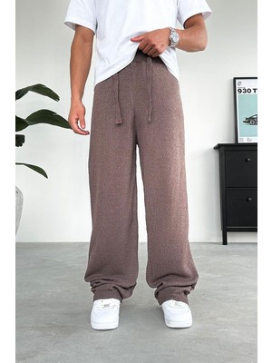 Kahverengi Beli Ip Detay Örme Baggy Pantolon