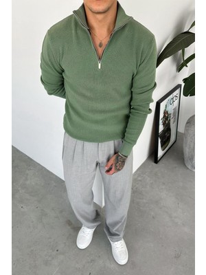 Yeşil Basic Fitilli Yarım Fermuarlı Relaxed Kazak