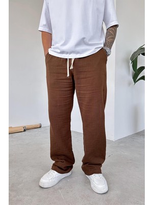 Kahverengi Müslin Kumaş Premium Baggy Pantolon