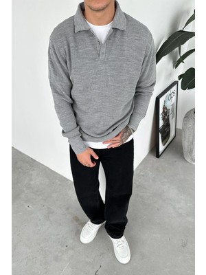 Gri Basic Polo Yaka Triko Kazak