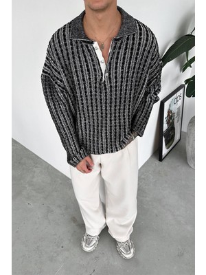 Siyah Örgü Desenli Premium Oversize Polo Yaka Kazak