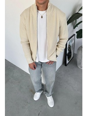 Krem Tam Fermuarlı Relaxed Örgü Kazak