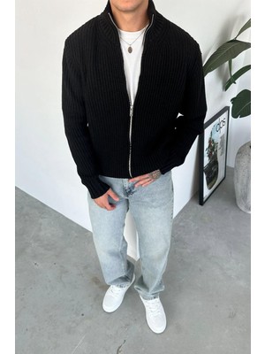 Siyah Tam Fermuarlı Relaxed Örgü Kazak