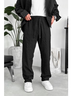 Siyah Waffle Dokulu Premium Baggy Pantolon