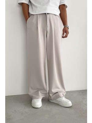 Krem Pile Detay Tensel Kumaş Baggy Pantolon
