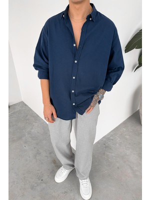 Lacivert Oversize Fresh Keten Gömlek