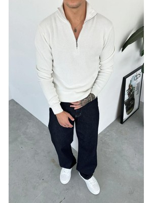 Ekru Basic Fitilli Yarım Fermuarlı Relaxed Kazak