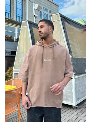 Kahverengi Dropsize Nakış Detaylı Kapüşonlu Ph oversize Tişört