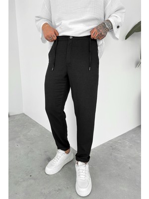 Siyah Regular Keten Pantolon