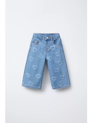 Magu Kız Çocuk Mavi Denim Kalp Desenli Pantolon