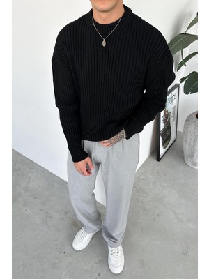 Siyah Bisiklet Yaka Fitilli Oversize Triko Kazak