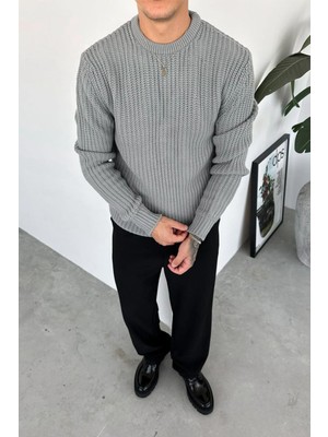 Gri Bisiklet Yaka Oversize Örgü Kazak