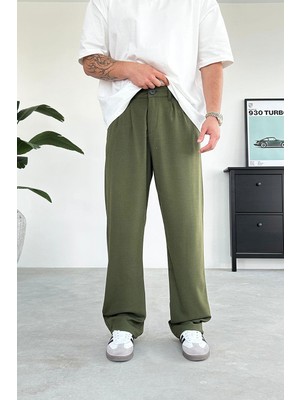 Yeşil Pile Detay Kumaş Baggy Pantolon