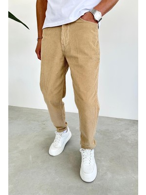 Krem Kadife Fitilli Regular Pantolon