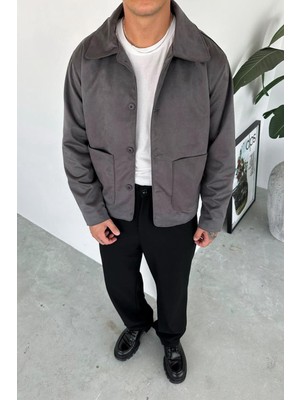 Gri Süet Kumaş Düğme Detaylı Relaxed Ceket