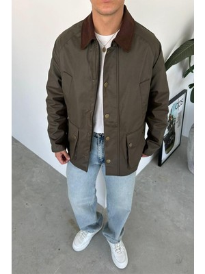 Haki Waxed Çıt Çıt Cep Detay Oversize Ceket