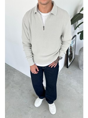 Gri Yarım Fermuarlı Relaxed Triko Kazak