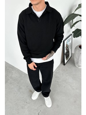 Siyah Basic Polo Yaka Triko Kazak