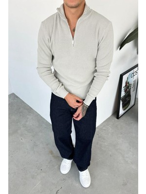 Gri Basic Fitilli Yarım Fermuarlı Relaxed Kazak