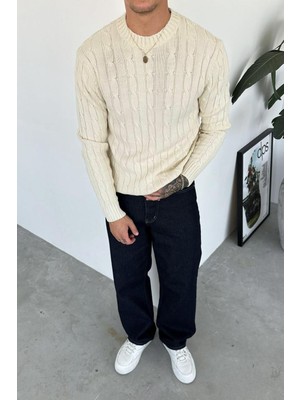 Krem Örgü Desen Relaxed Triko Kazak