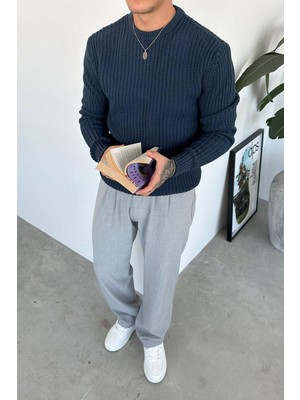 Indigo Bisiklet Yaka Oversize Örgü Kazak