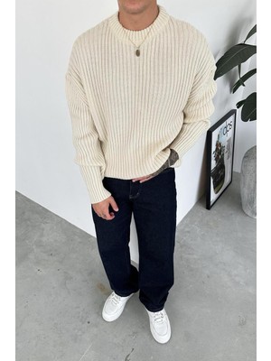 Krem Bisiklet Yaka Fitilli Oversize Triko Kazak