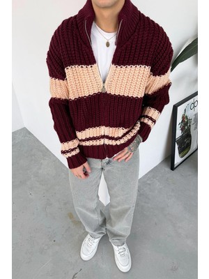 Bordo Örgülü Retro Triko Hırka