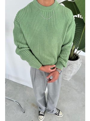 Yeşil Bisiklet Yaka Fitilli Oversize Triko Kazak