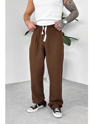 Kahverengi Beach Walk Muslin Kumaş Baggy Pantolon