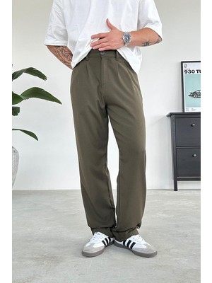 Haki Pile Detay Kumaş Baggy Pantolon