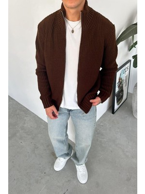 Kahverengi Tam Fermuarlı Relaxed Örgü Kazak