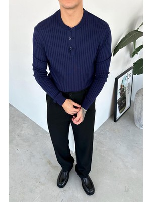 Lacivert Düğmeli Yaka Relaxed Uzun Kollu Tişört