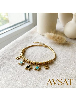 Melike Steel Yıldızlı Toplu Gold Renk 316 Çelik Bileklik