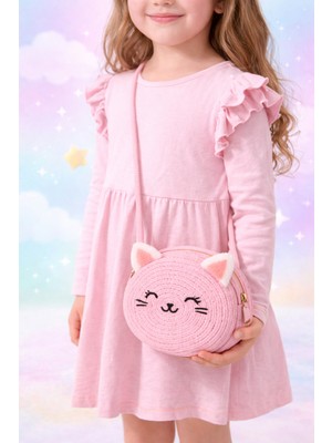 Selvira Kız Çocuk Hasır Kedi Figürlü Omuz Çantası – Yuvarlak Tasarım, Ayarlanabilir Askılı, Hafif ve Şık