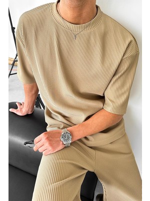 Bej Fitilli Oversize Tişört