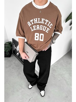 Kahverengi Atletic 80 Baskılı Oversize Tişört