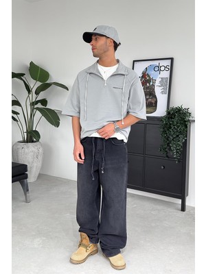 Gri Fermuarlı ee Oversize Polo Yaka Tişört