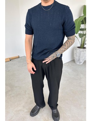 Lacivert Triko Örme Detay Regular Tişört