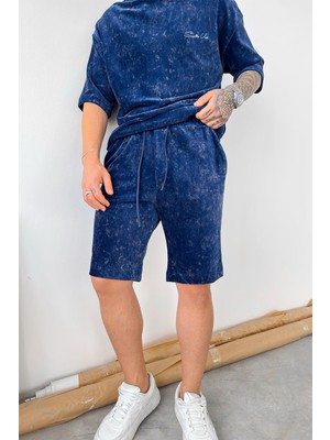 Indigo Ince Fitilli Batik Desen Relaxed Şort