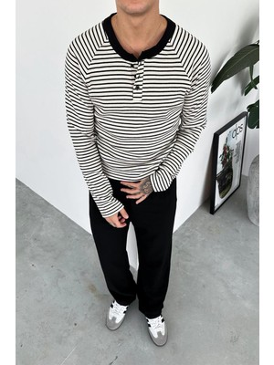 Siyah Premium Çizgili Düğmeli Yaka Uzun Kollu Tişört