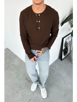 Kahverengi Premium Örme Waffle Düğmeli Yaka Uzun Kollu Tişört