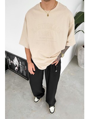 Krem Easy Nakış Detay Oversize Tişört