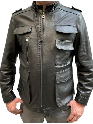 Belirtilmemiş Hakiki Deri Mont, Siyah, Kemerli Yaka, Bol Cepli, Çift Yırtmaçlı, Saten Astarlı, Erkek