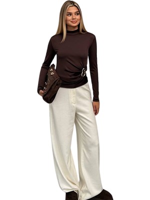 Kechi Woman Dalgıç Kumaş Yandan Aksesuarlı Kahverengi Bluz