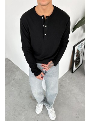 Siyah Premium Örme Waffle Düğmeli Yaka Uzun Kollu Tişört
