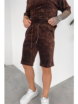 Kahverengi Ince Fitilli Batik Desen Relaxed Şort