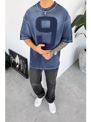 Lacivert Ters Dikiş Detay Dokuma Oversize Tişört