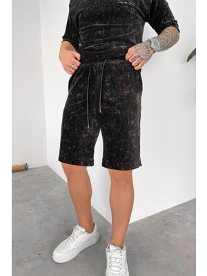 Lacivert Ince Fitilli Batik Desen Relaxed Şort