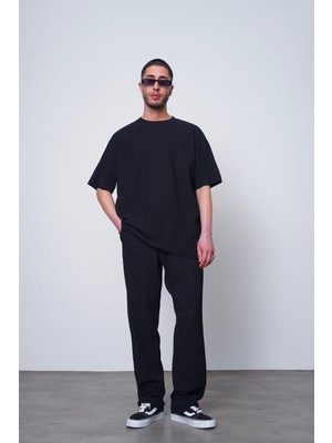 Siyah Siyah Fitilli Basic 17 Mh Oversize Tişört