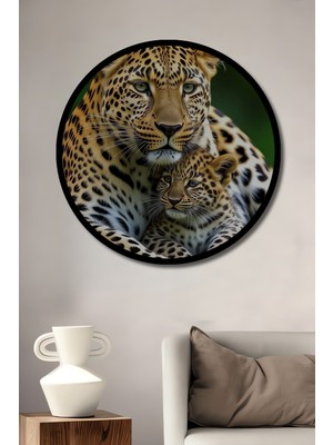 Petmudo AVM Leopar Annesi ve Yavrusu Yağlı Boya Görünümlü Ahşap Tablo Yuvarlak Duvar Tablosu Çerçeve Görünümlü